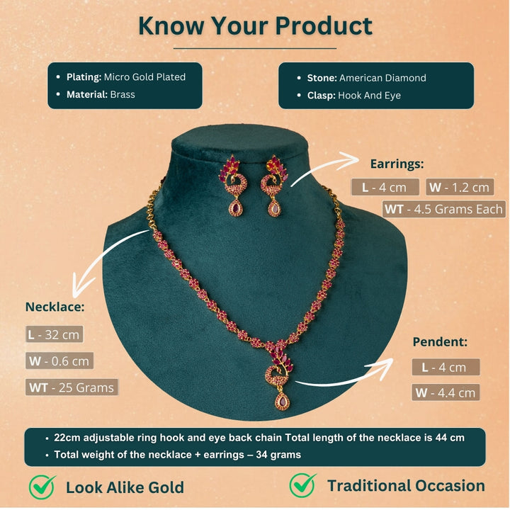 Micro gold plated american diamond necklace measurement image - Sasitrends