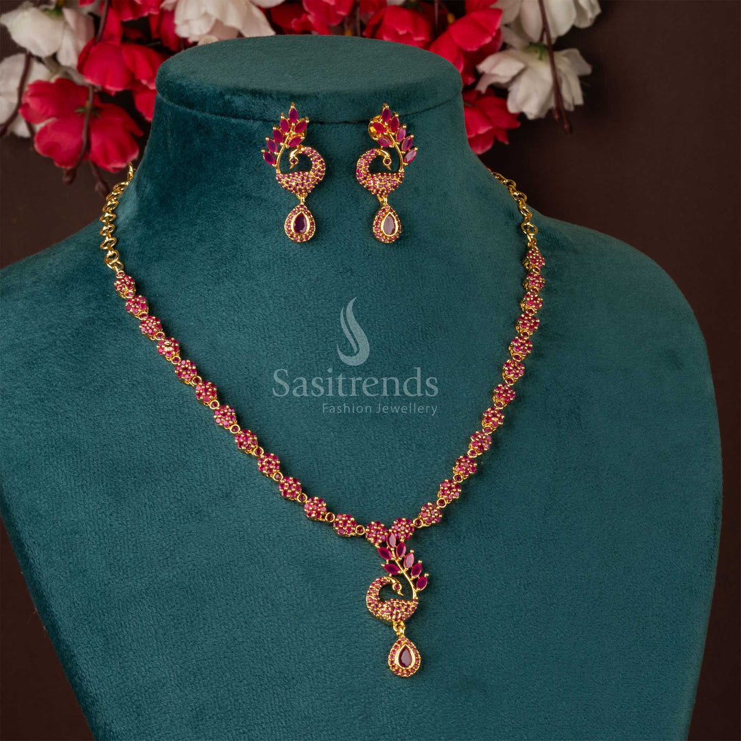 Exquisite ruby peacock feather jewellery set with a regal gold-plated finish, showcasing handcrafted artistic perfection - Sasitrends