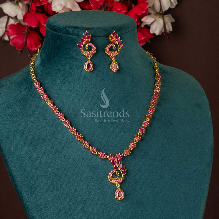 Exquisite ruby peacock feather jewellery set with a regal gold-plated finish, showcasing handcrafted artistic perfection - Sasitrends
