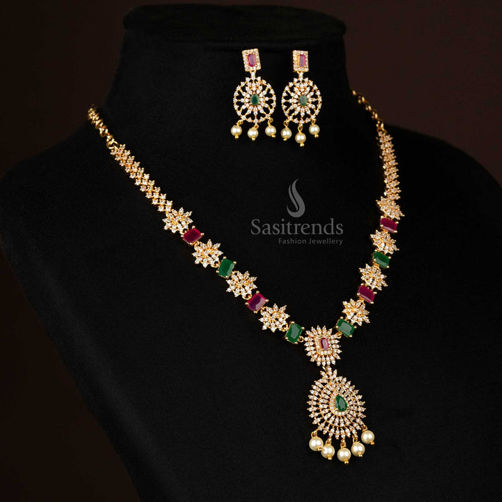 Micro Gold Plated Party Wear Flower Pendant American Diamond  Pearl Necklace  Jewellery Set | Sasitrends