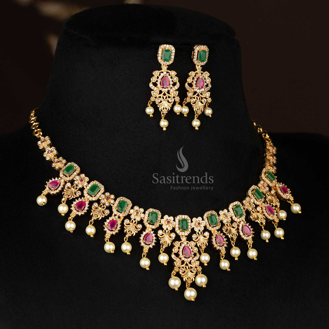 AD flower pendant with pearl accents in a micro gold-plated finish - Sasitrends