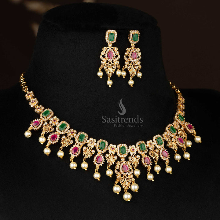 AD flower pendant with pearl accents in a micro gold-plated finish - Sasitrends