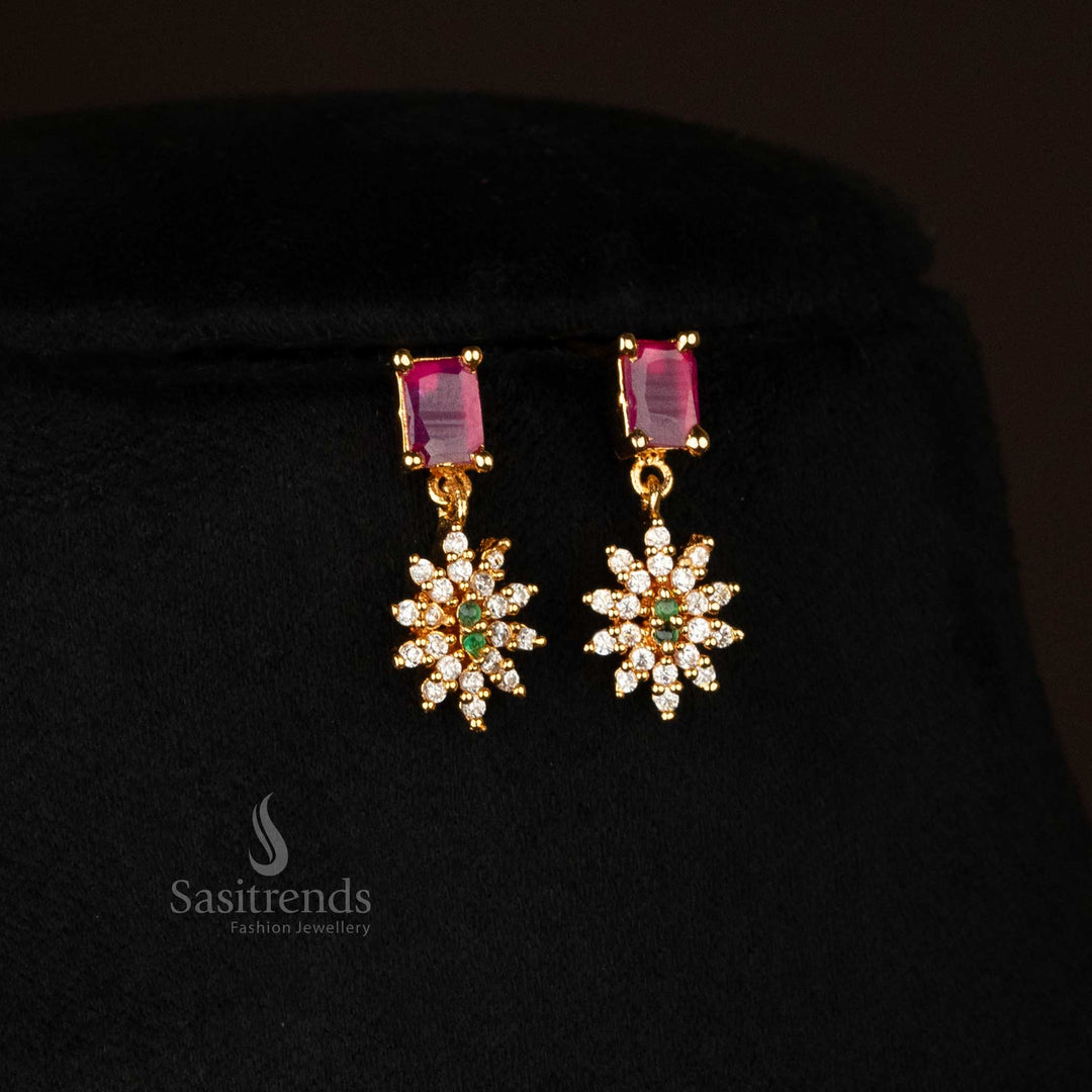 Trendy gold plated flower pendant Earrings set with multicolor gemstones - Sasitrends