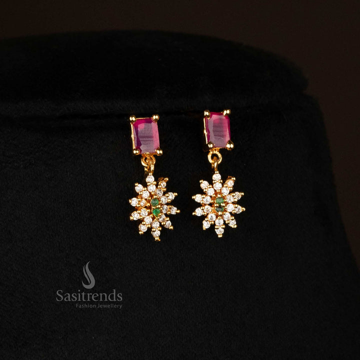 Trendy gold plated flower pendant Earrings set with multicolor gemstones - Sasitrends