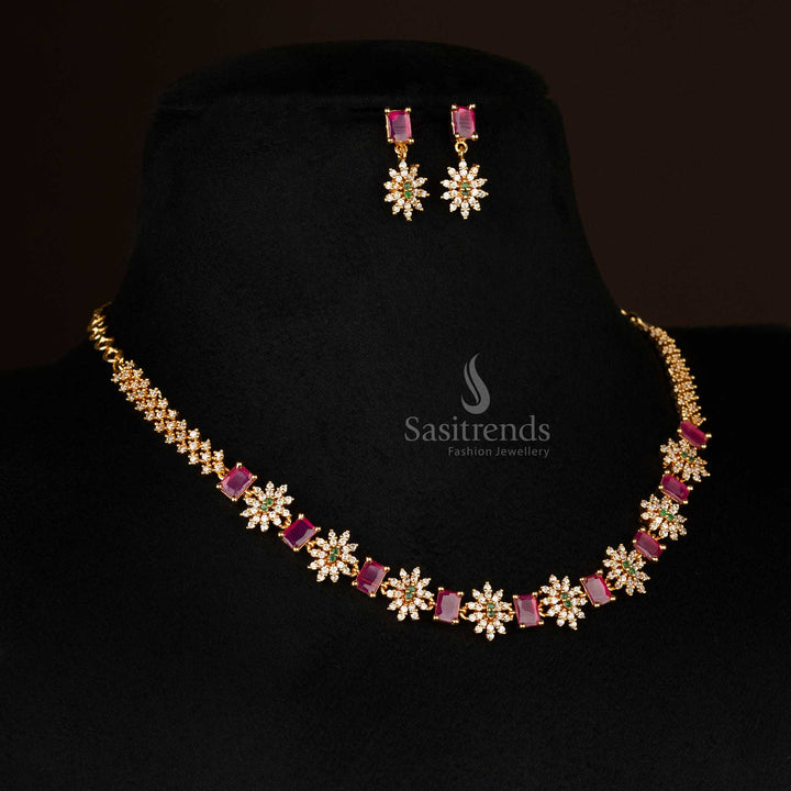 Designer micro gold plated flower pendant with ruby, white accents - Sasitrends
