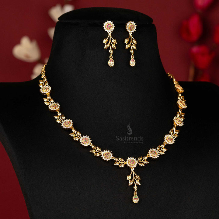 Sasitrends - Floral American Diamond Necklace Jewellery Set with Micro Gold Plating - Elegant Jewellery