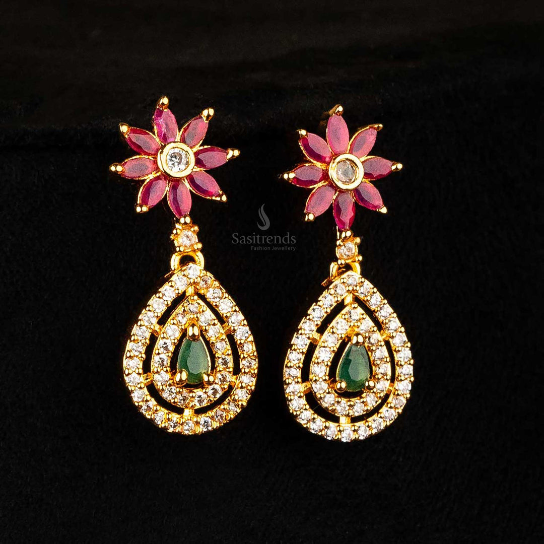 Matching earrings and necklace with pink and green accents in AD stone jewellery set - Sasitrends