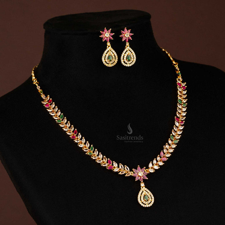 Guaranteed American Diamond  Stone Studded One Gram Micro Gold Plated Necklace Jewellery Set with Waterdrop Pendant - Sasitrends