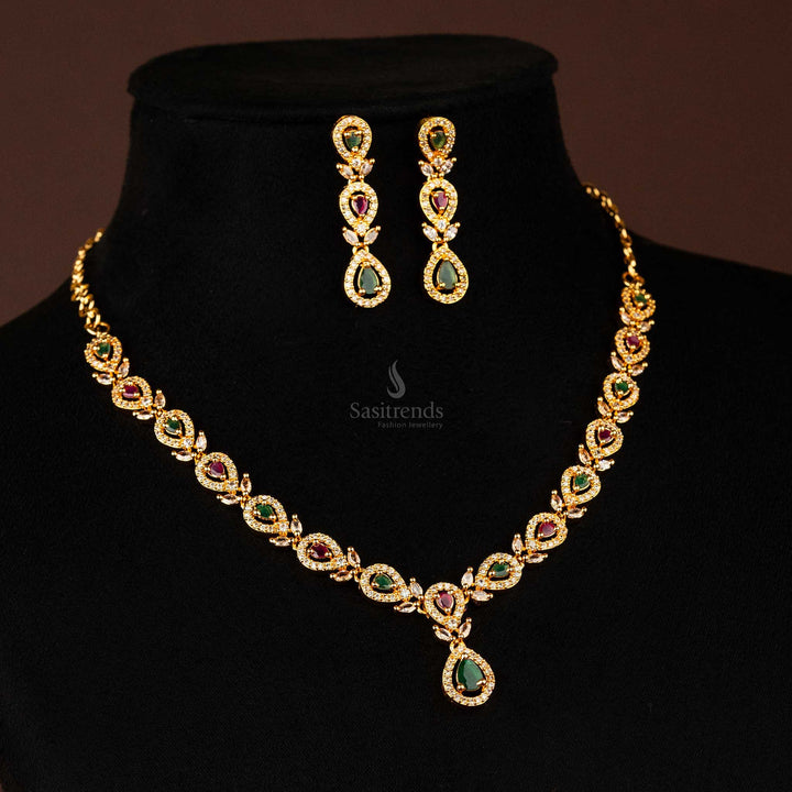 Guaranteed Micro Gold Plated American Diamond Earrings Necklace Jewellery Set with Teardrop Pendant - Sasitrends