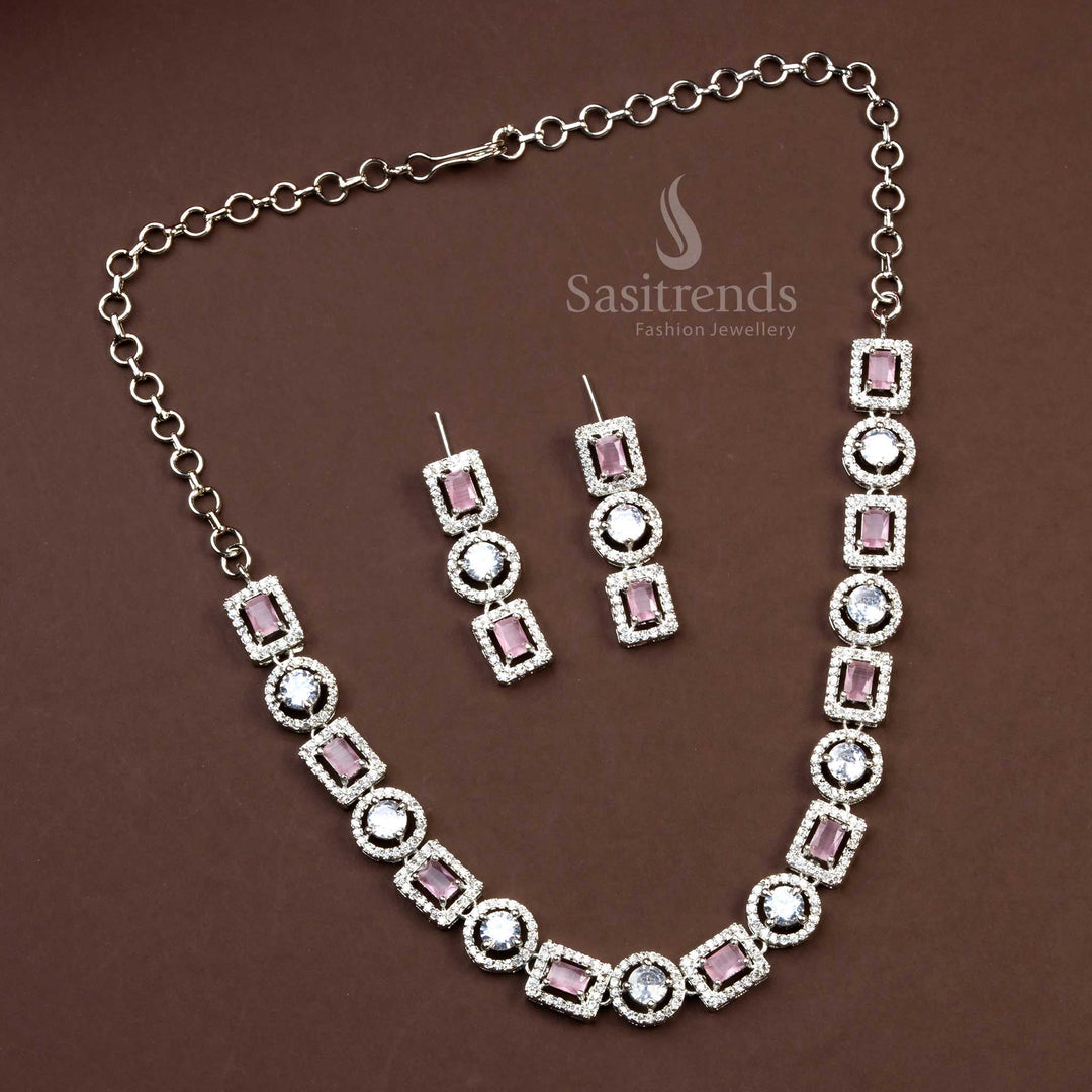 Dazzling Rhodium Silver Plated Necklace Set with Beautiful Pink Gemstones - Sparkling American Diamond Accents, Ideal for Parties - Sasitrends