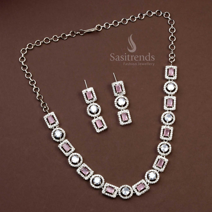 Dazzling Rhodium Silver Plated Necklace Set with Beautiful Pink Gemstones - Sparkling American Diamond Accents, Ideal for Parties - Sasitrends