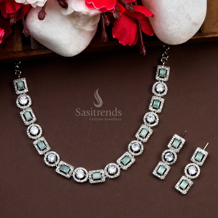 Radiant Rhodium Silver Plated Necklace Set with Captivating Mint Green Stones - Sparkling American Diamond Accents, Ideal for Parties - Sasitrends