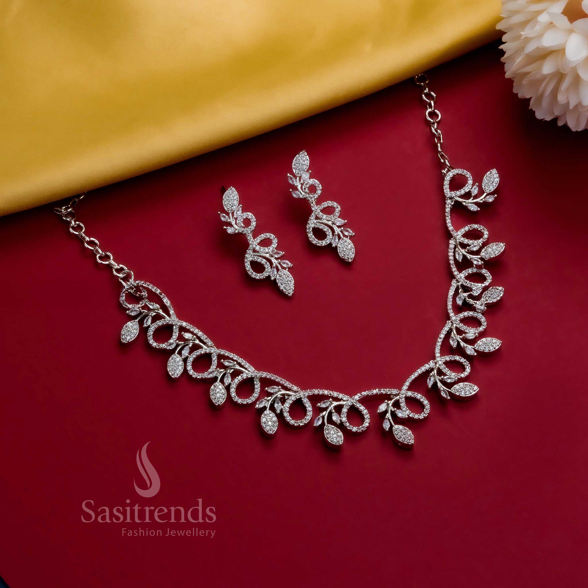 Trendy Rhodium Silver, Rose Gold And Gold Plated American Diamond Floral Leaf Party Wear Necklace Jewellery Set