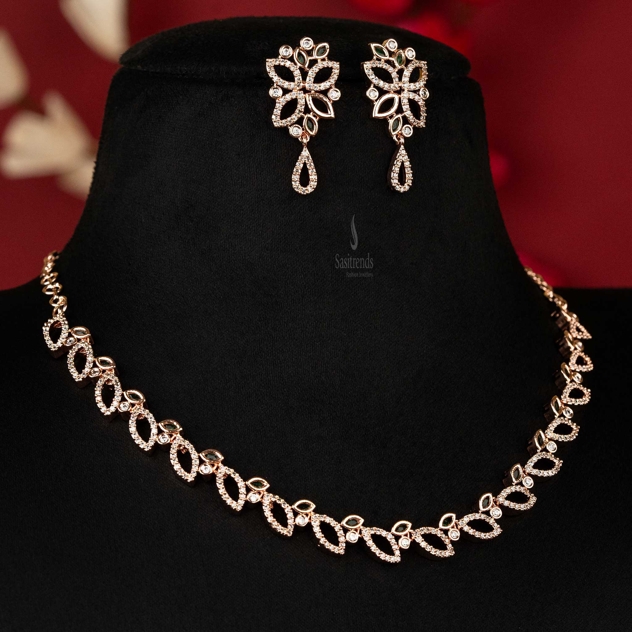 Stunning Party Wear American Diamond Rose Gold Plated Necklace Jewellery Set