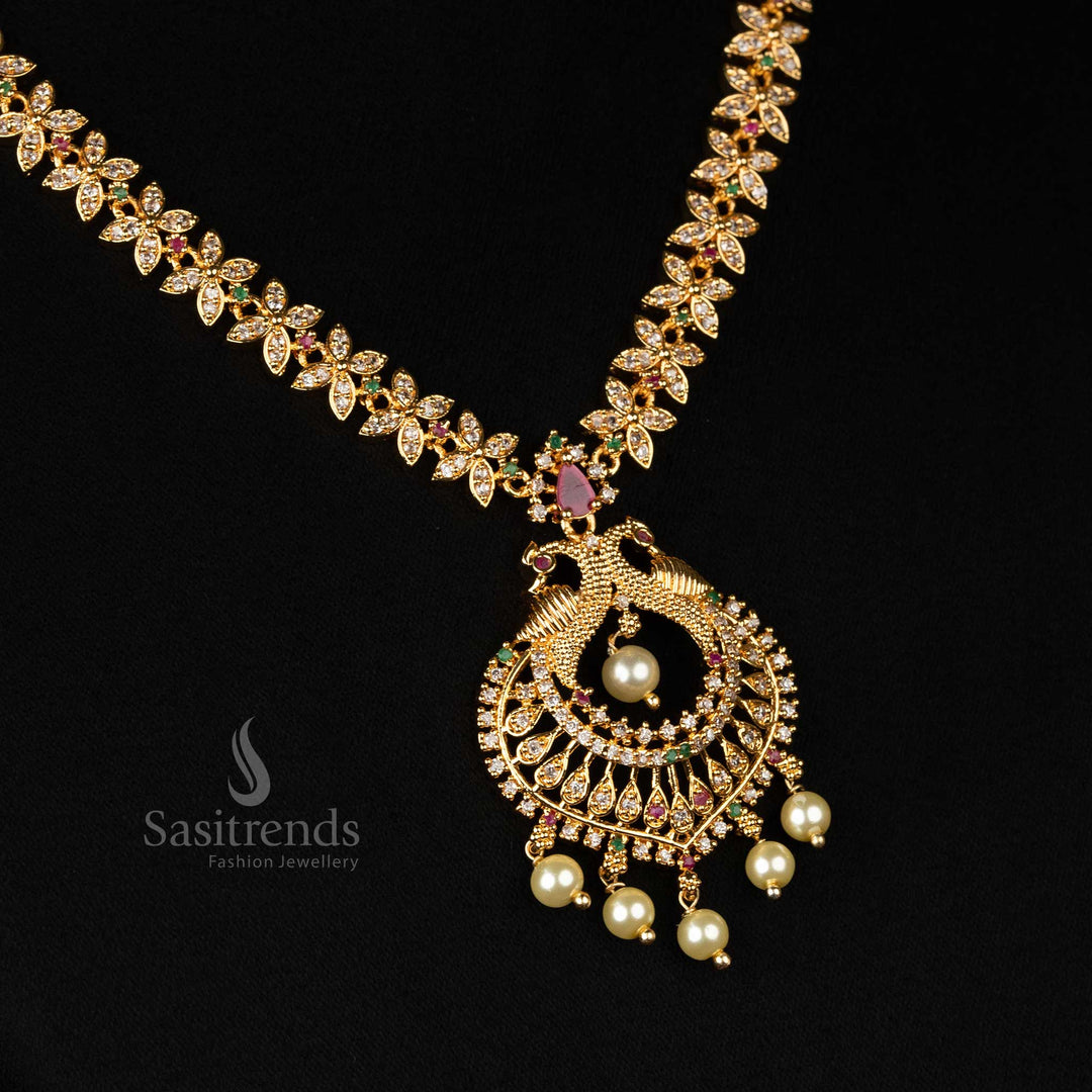 24-carat pure gold plated American Diamond jewellery set with floral motifs and pearl embellishments, look like real gold - Sasitrends
