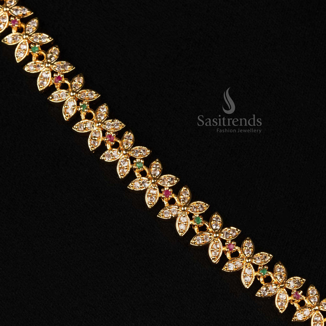 Elegant American Diamond jewellery set with micro gold plated finish, floral chain, and peacock detailing, look like real gold - Sasitrends