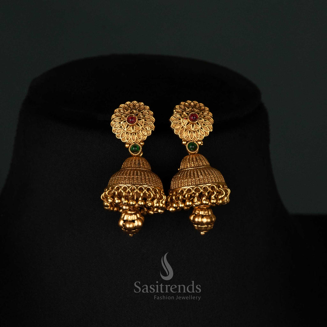 Timeless South Indian antique gold long necklace set featuring radiant ruby-green gemstones, a classic temple design, and elegant jhumkas - Sasitrends