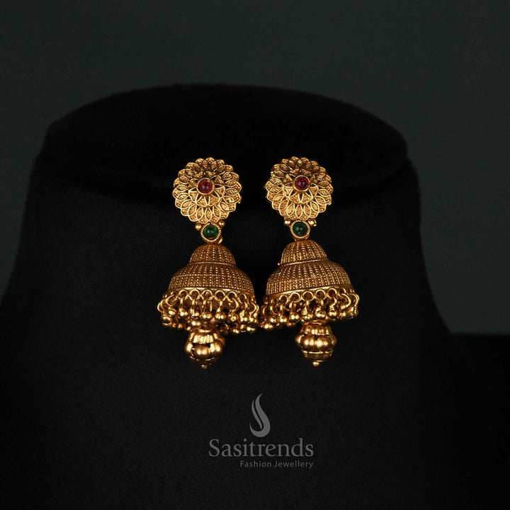 Timeless South Indian antique gold long necklace set featuring radiant ruby-green gemstones, a classic temple design, and elegant jhumkas - Sasitrends