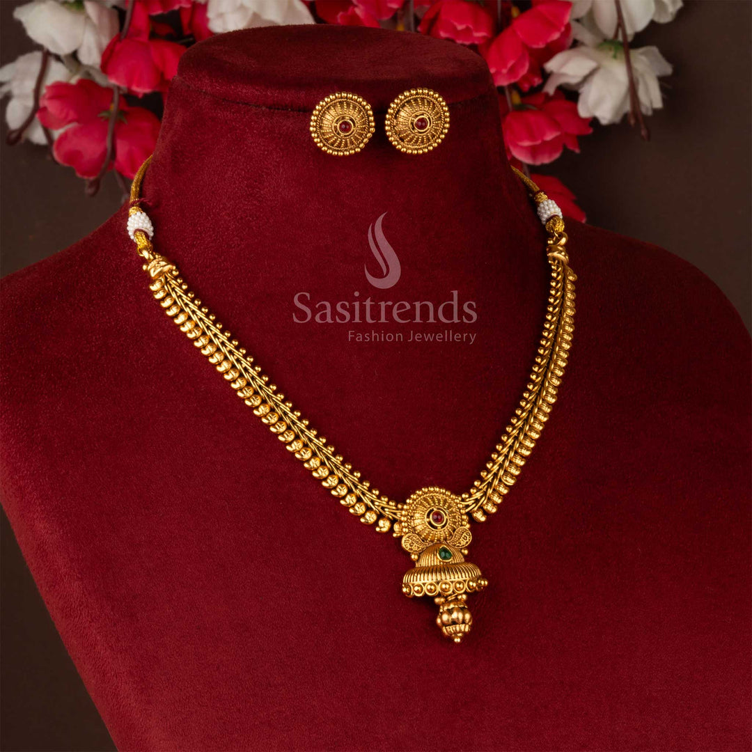 Traditional antique gold plated necklace set with premium stones and bell pendant Sasitrends Online