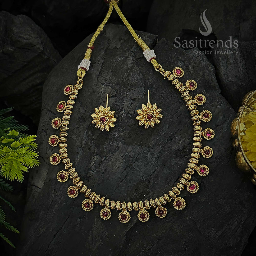 Antique Gold Plated Leaf and Floral Necklace Set with Premium Stones - Sasitrends