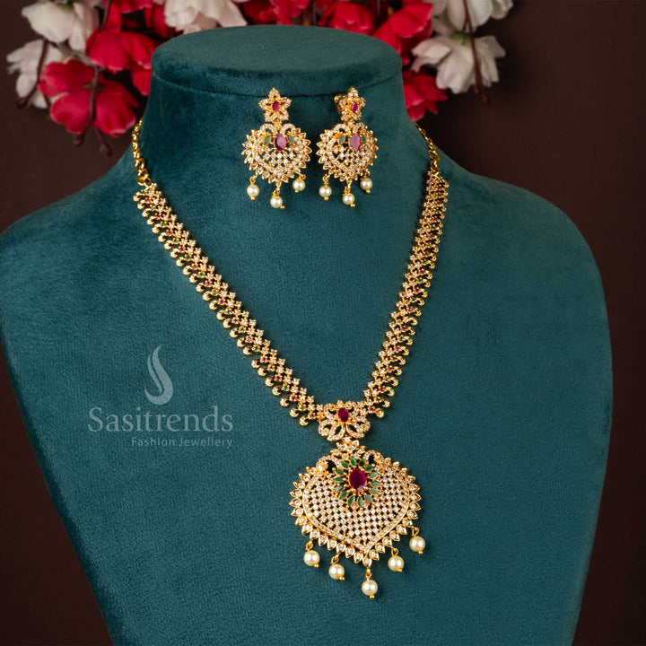 Traditional micro gold plated multi-color heart pendant jewellery set, crafted with bridal royalty and a stunning handcrafted finish - Sasitrends