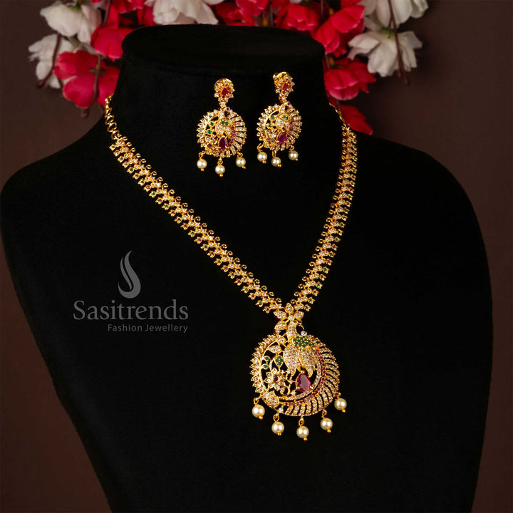 Elegant Micro Gold Plated Peacock Pendant Necklace & Jewellery Set For Traditional Women