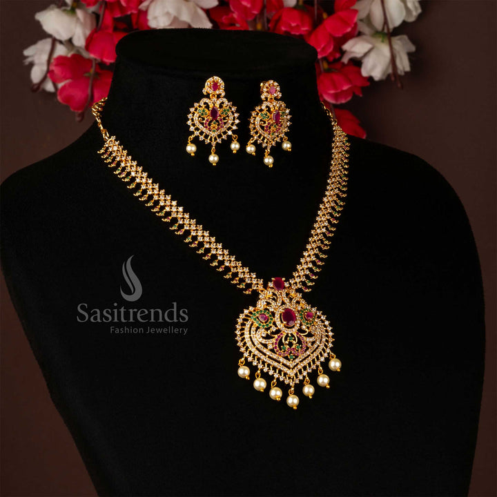 Exquisite Heart-Shaped Micro Gold Plated Pendant Necklace Jewellery Set - Traditional Wear