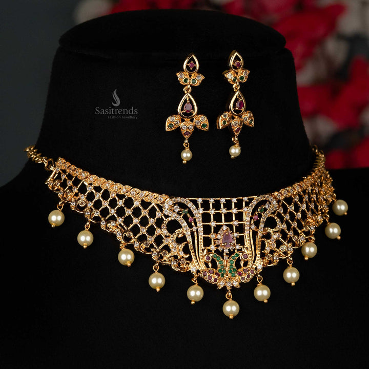 Sasitrends - Collection of American Diamond Micro Gold Plated Choker Jewellery Set with Pearl Hangings