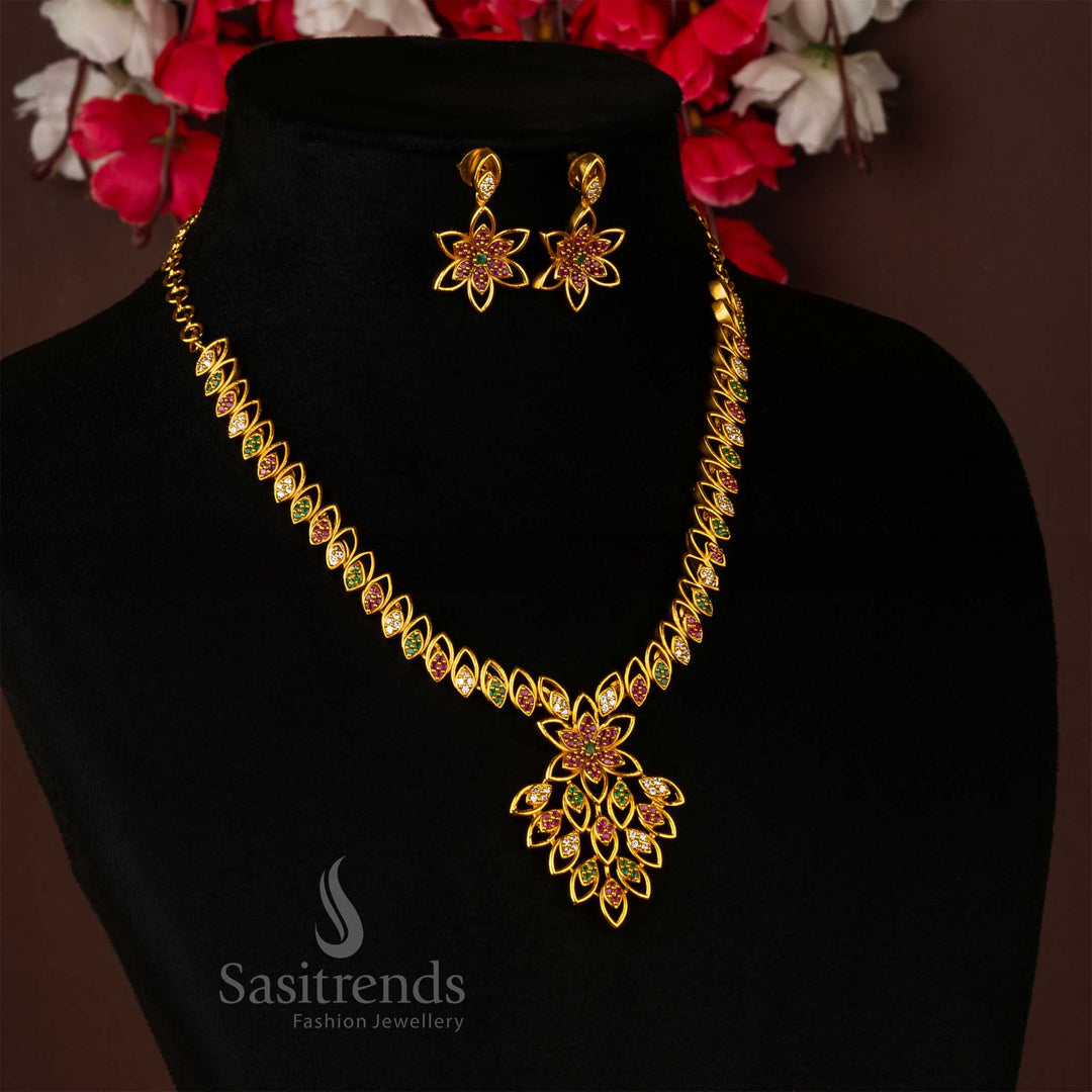 Sasitrends - Traditional Temple Matte Gold Sparkling Flower Pendant Jewellery Set - Sasitrends