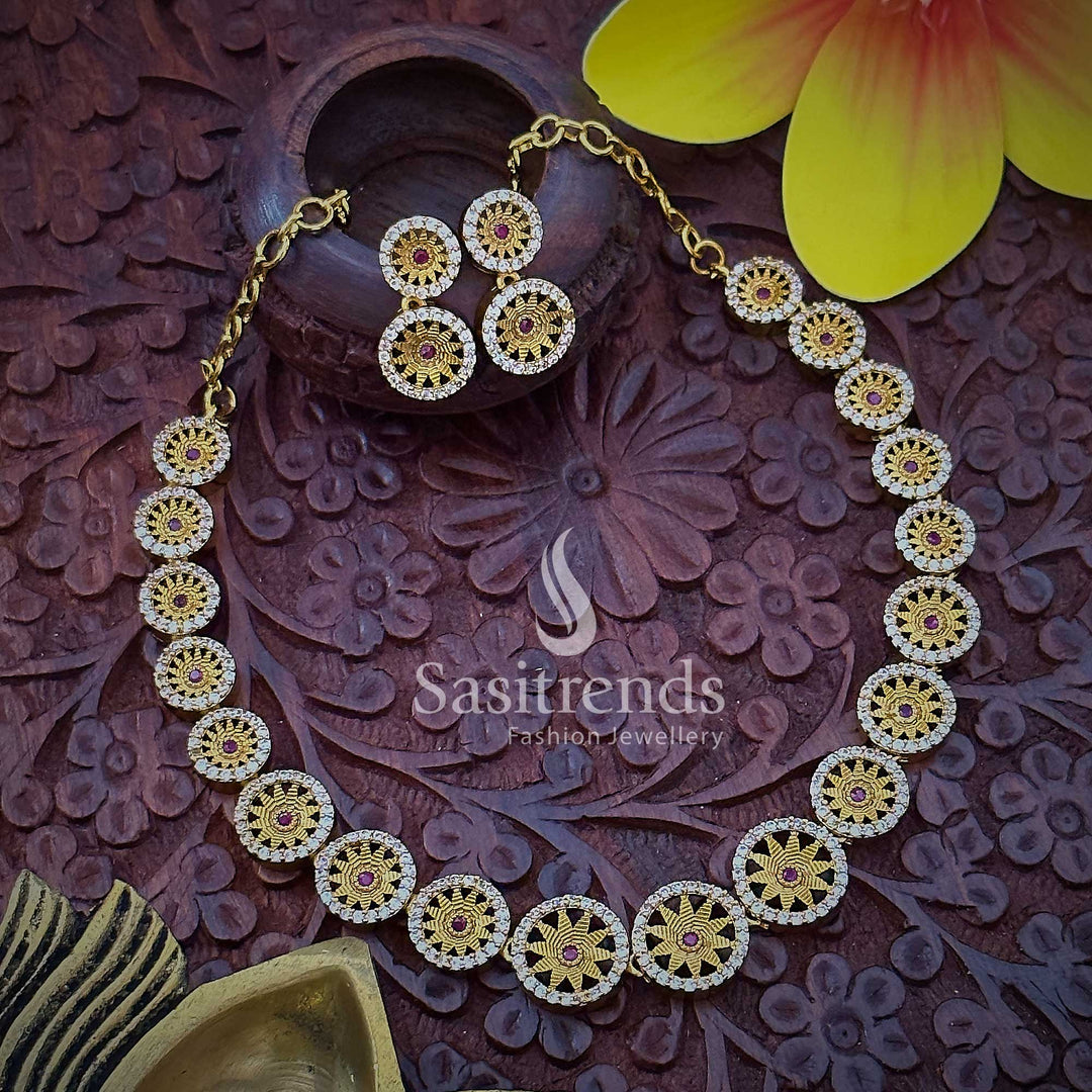 White-Ruby Leaf Chakara Stone Studded Matte Gold Temple Jewellery Set With Elegant Earrings – A Stunning Combination Of Classic White Sparkle And Ruby Glow, Ideal For Wedding And Reception Looks – Sasitrends