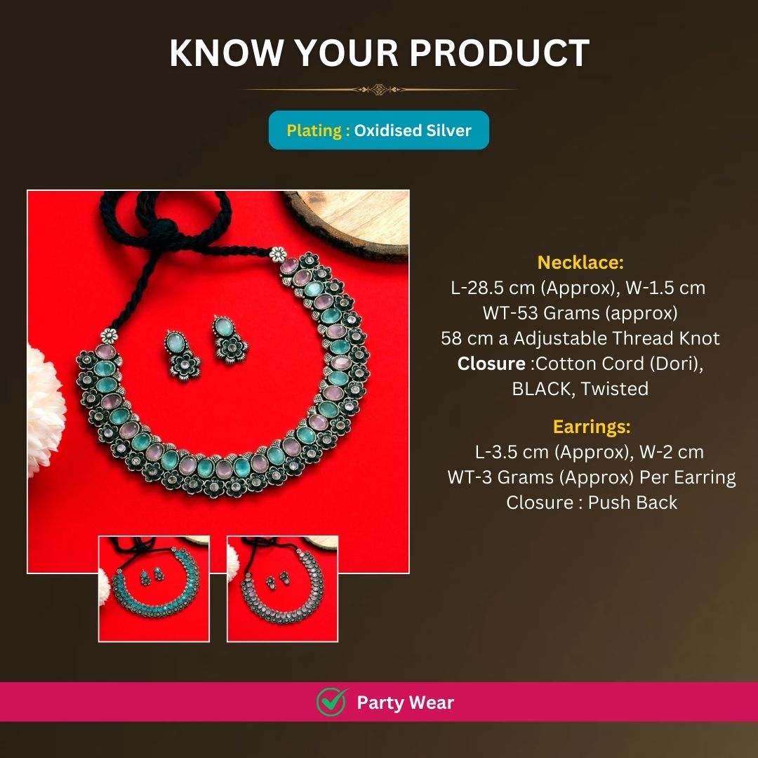 Oxidised Silver plated necklace jewellery set measurement image - Sasitrends