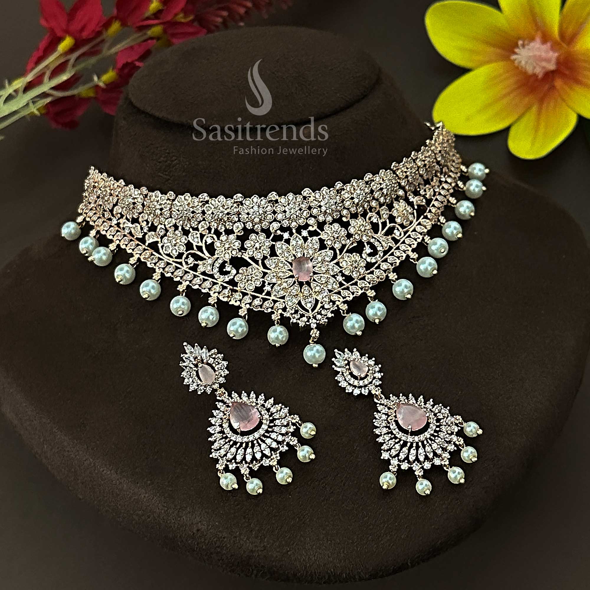 Rose Gold Plated Wedding Choker Necklace Set with Pearl Drops AD