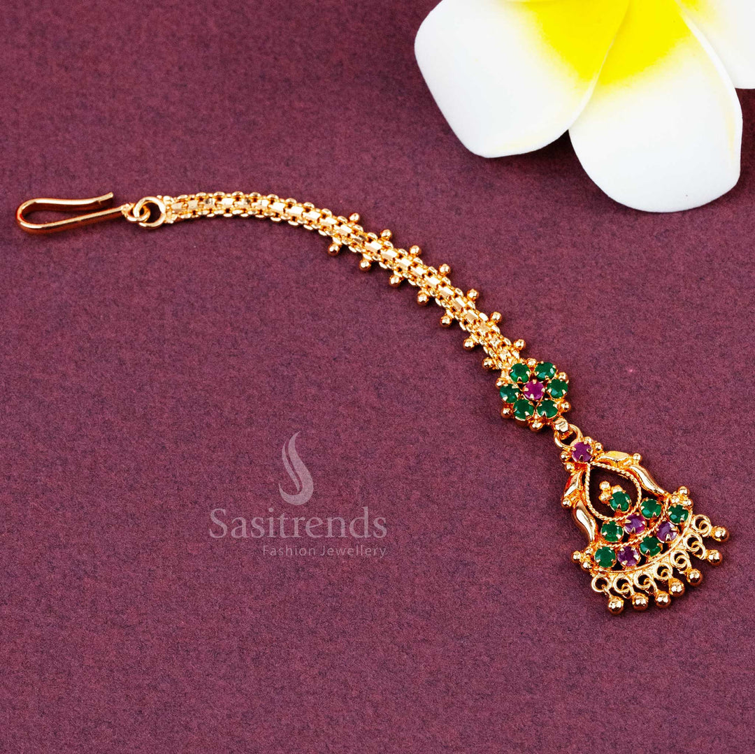 Micro Gold Plated Floral Maang Tikka with Ruby-Green AD Stones and Bead Drops - Sasitrends