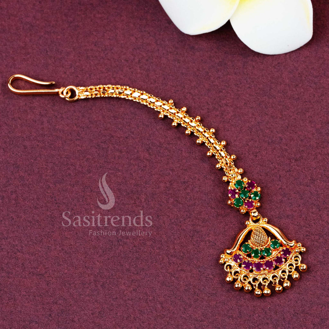 Floral Net Pattern Gold Plated Maang Tikka with AD Stones and Bead Drops