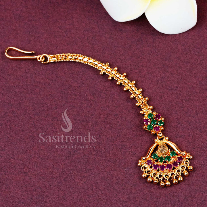 Latest Micro Gold Plated Floral Net Pattern Maang Tikka with AD Stones and Bead Drops | Sasitrends