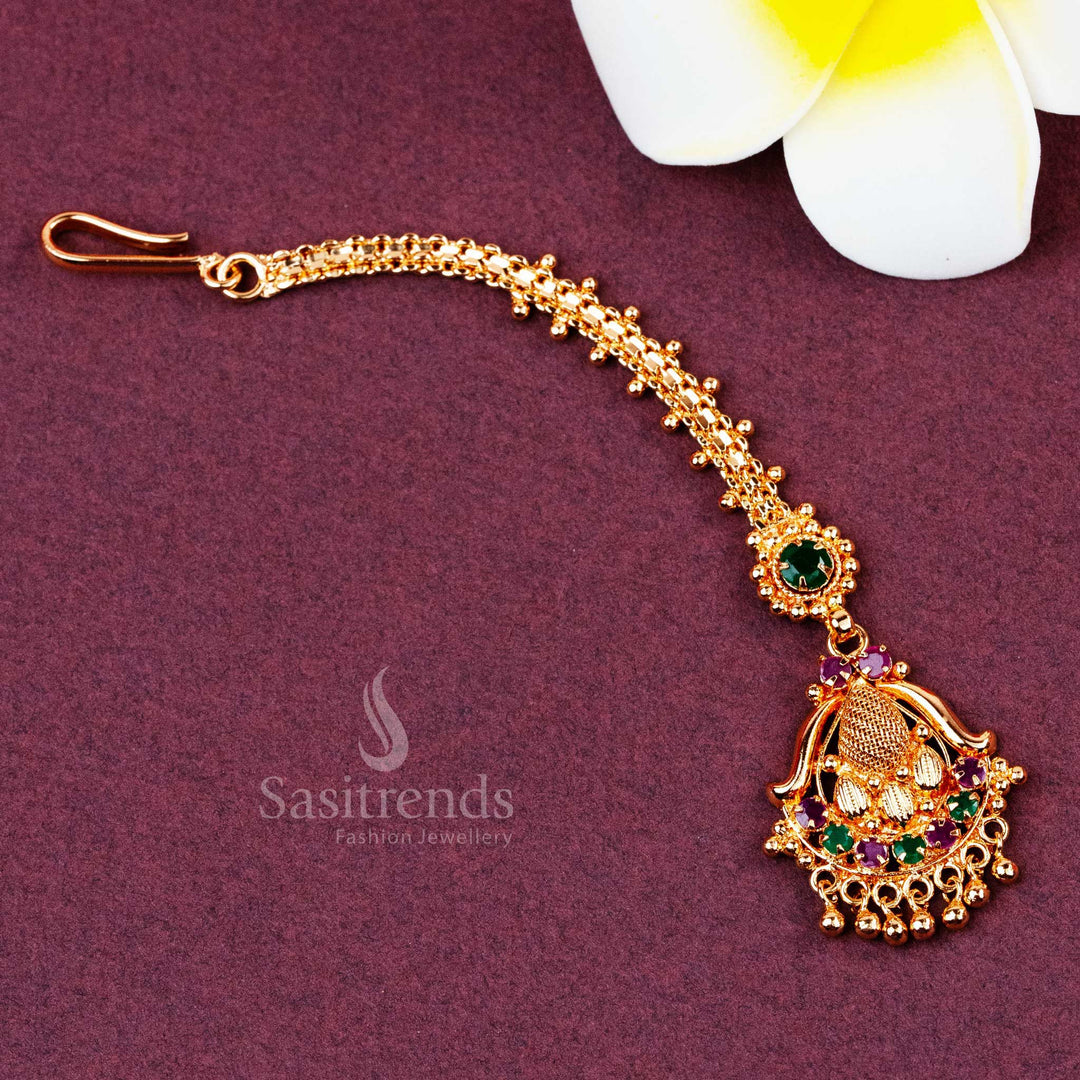 Micro Gold Plated Floral Maang Tikka with AD Stones & Bead Drops - Sasitrends