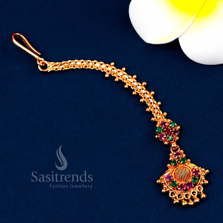 Traditional Micro Gold Plated Floral Motif Maang Tikka with AD Stones and Bead Drops | Sasitrends