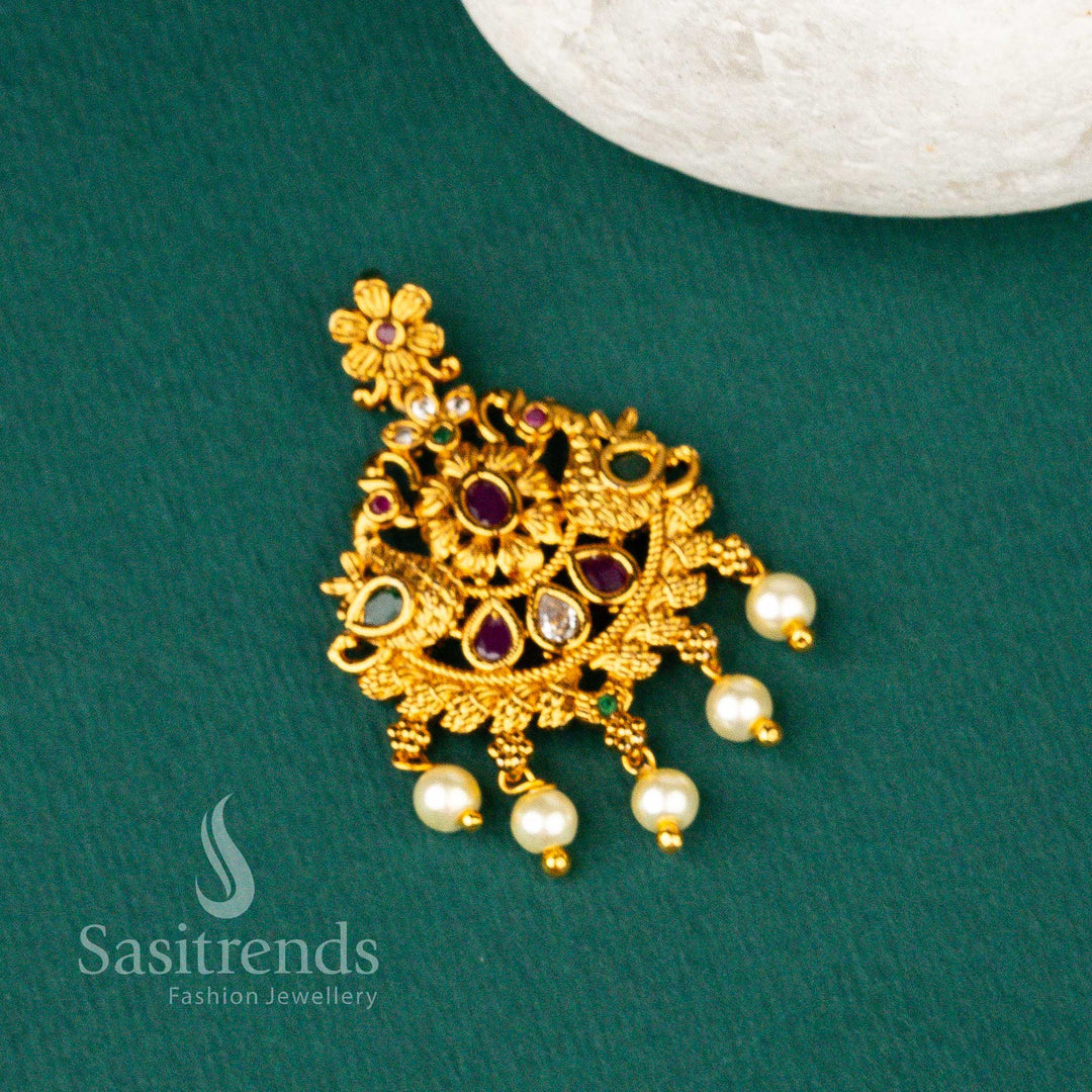Wedding Wear Matt Gold Plated Flower Designer Multi AD Stone Studded Pearl Hanging Pendant Sasitrends