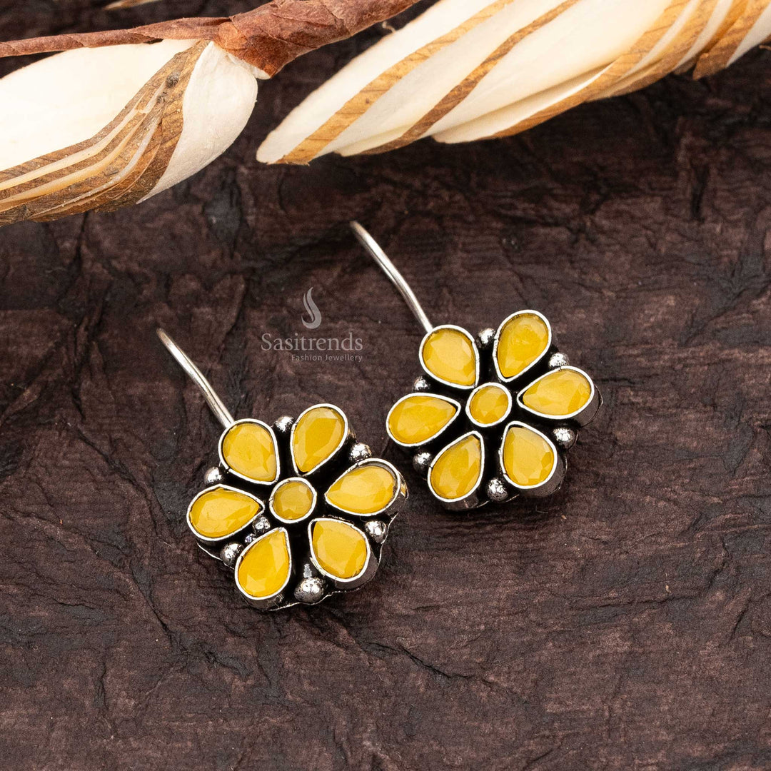 Elegant oxidised silver floral designer yellow ad stone stud fish hook earrings