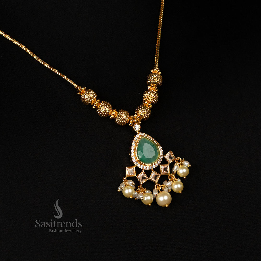 Elegant Gold Look-Alike Chain Necklace with Pearl and Stone Pendant