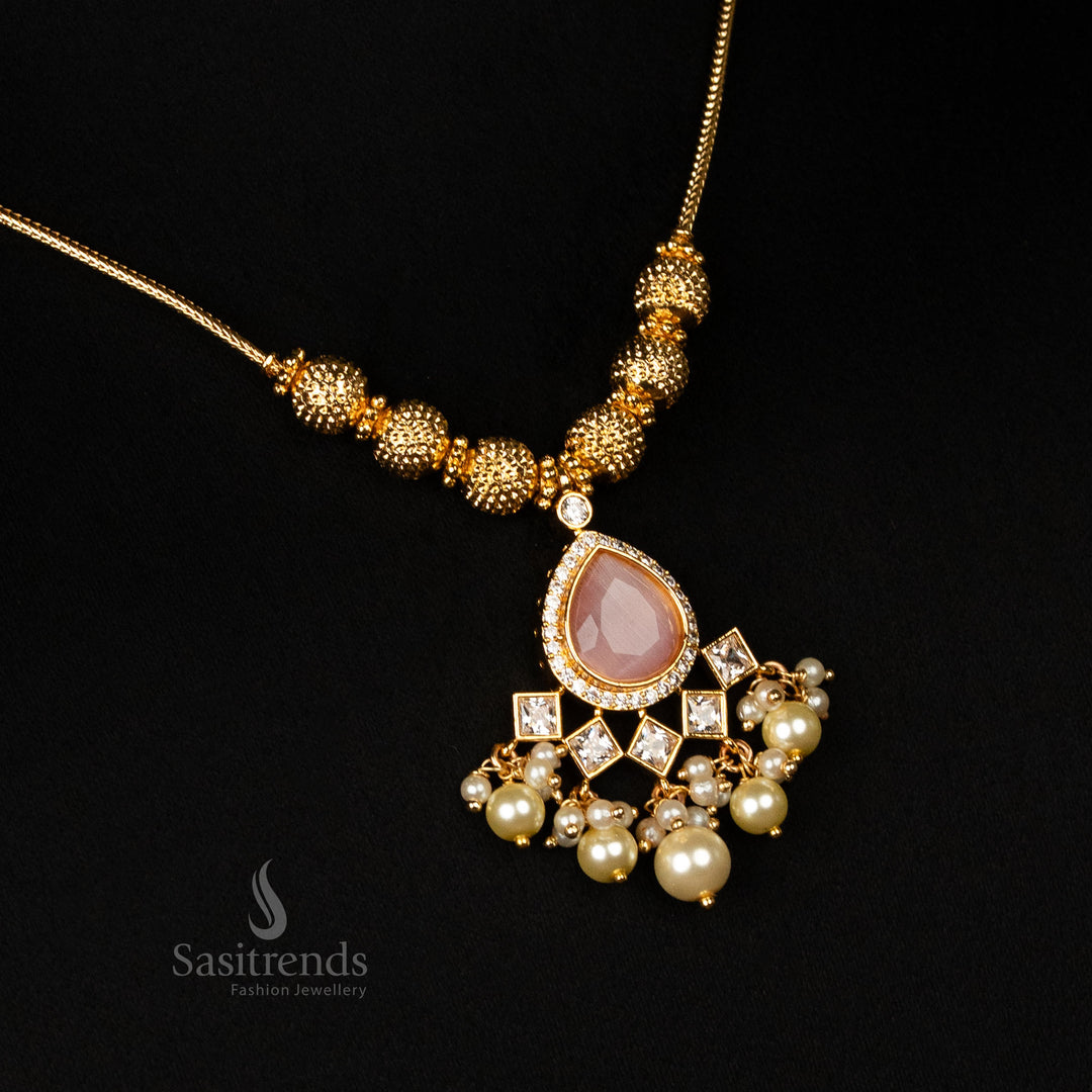 Elegant Gold Look-Alike Chain pink 
Necklace with Pearl and Stone Pendant