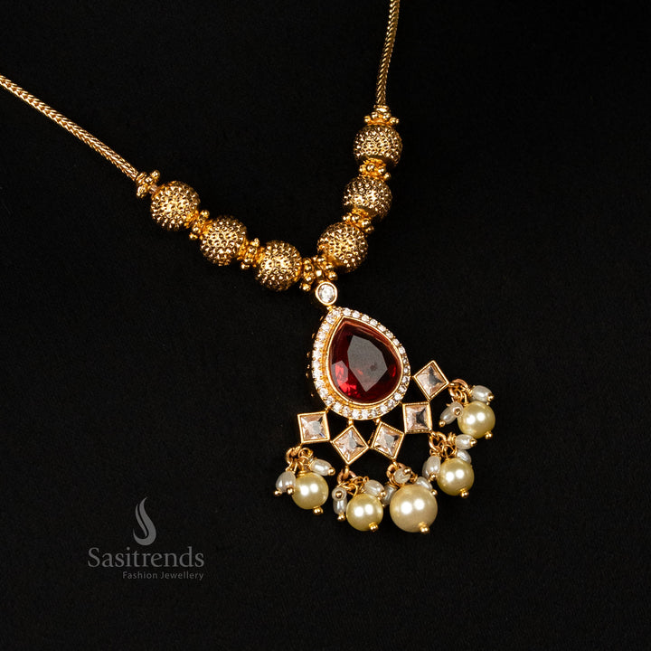 Festive Micro Gold Plated Beaded Chain Necklace Set with Matching Earrings