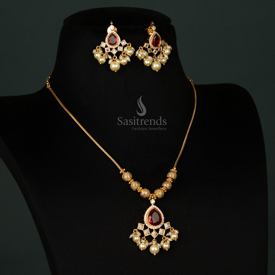 Micro Gold Plated Traditional Necklace with Teardrop Pendant and Pearls – Sasitrends