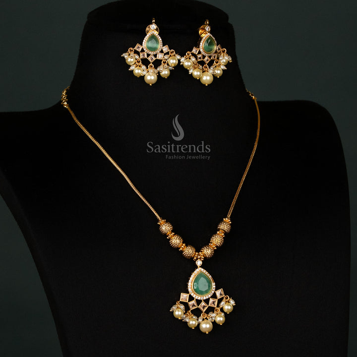 Mint Color Festive Micro Gold Plated Beaded Chain Necklace Set with Matching Earrings