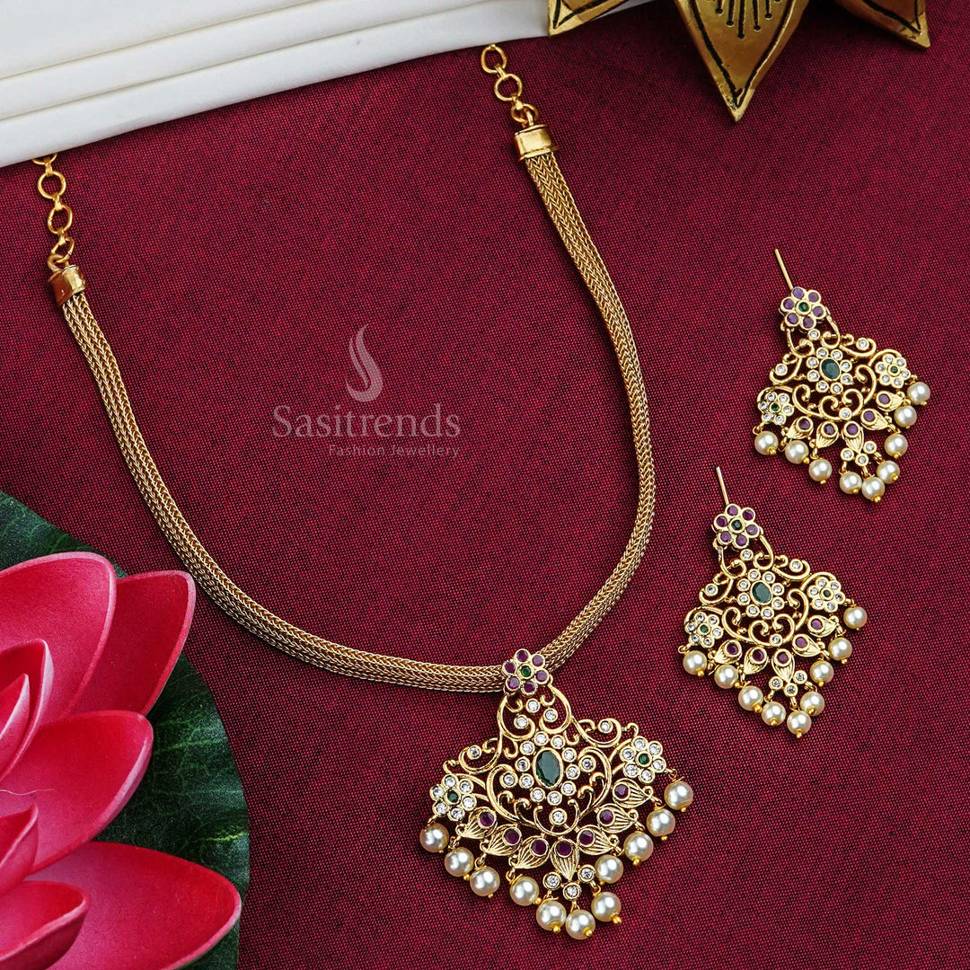 Fashionable multicolour temple matte gold floral pendant jewellery set with pearl bead drops and sparkling AD stones – vibrant ethnic elegance designed for women who love festive flair – Sasitrends