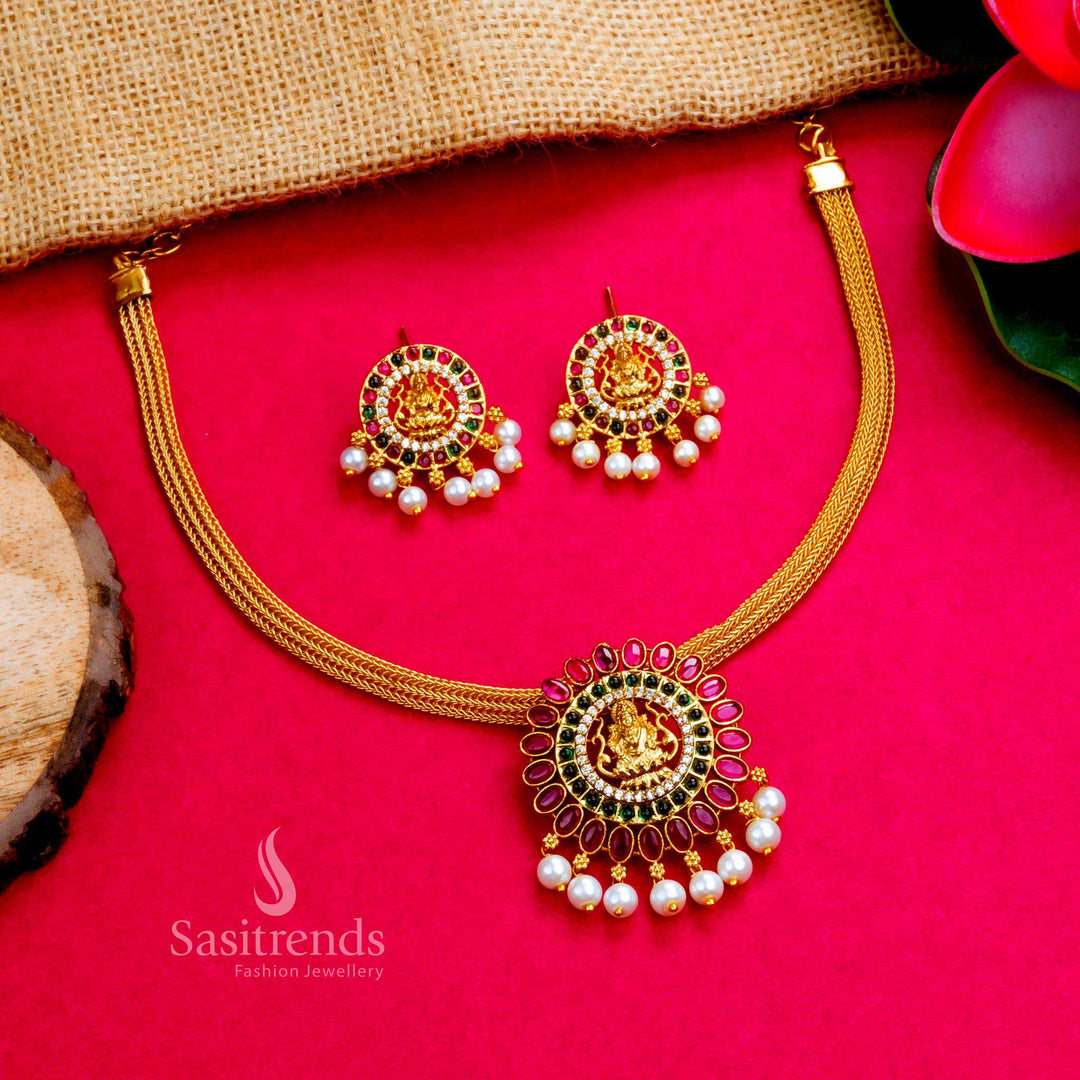 Traditional Goddess Lakshmi Choker Set with Matte Gold Pendant and Pearl Earrings - Sasitrends