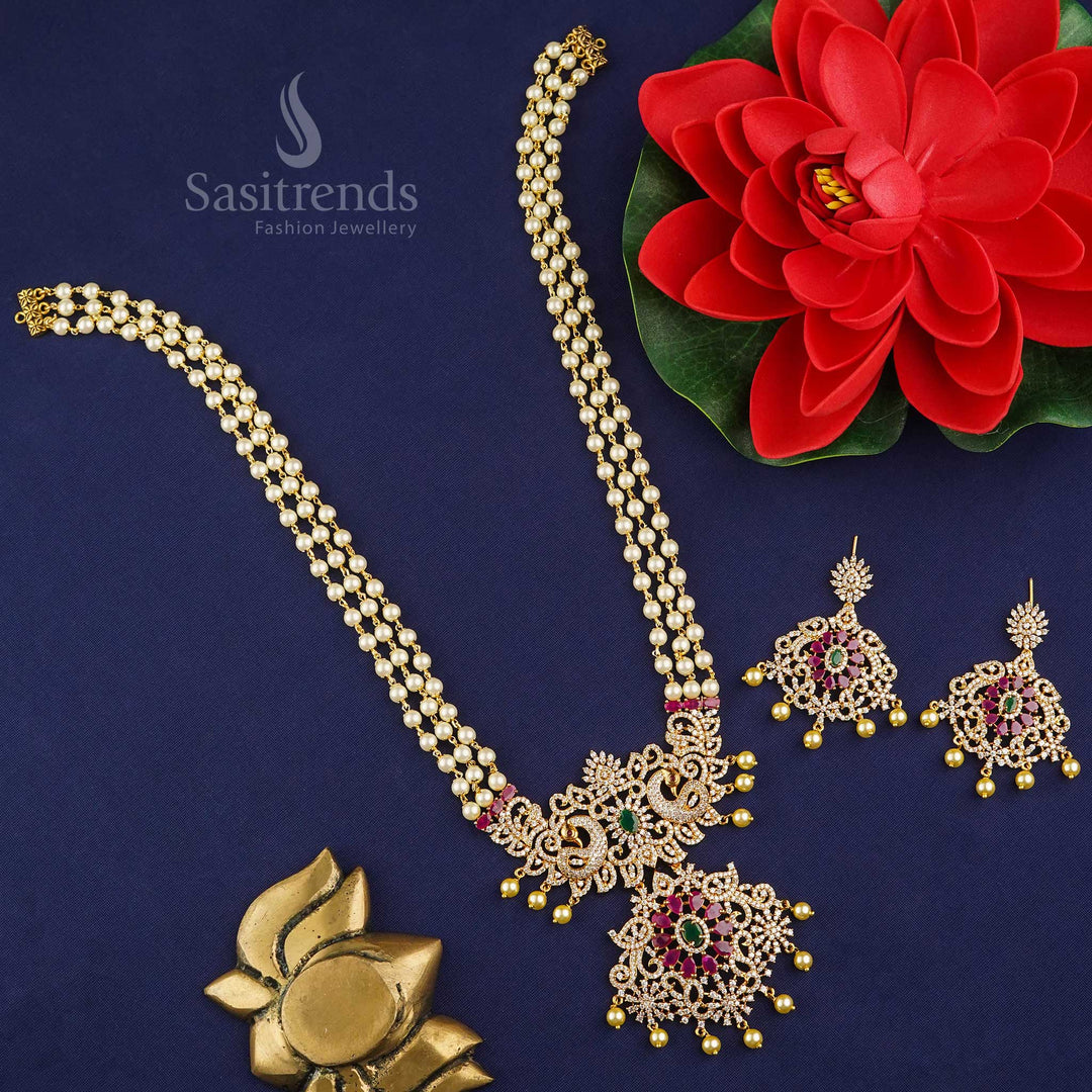 Elegant matte gold plated 3 layered pearl necklace set featuring multi-colour American diamond pendant with earrings – Stunning bridal and party wear jewellery design for women - Sasitrends
