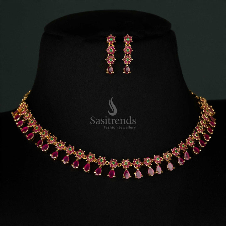 Exquisite floral-motif necklace set in ruby green with American diamond embellishments, ideal for weddings and celebrations - Sasitrends