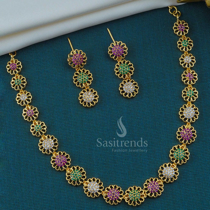 Floral Design Micro Gold Plated Necklace Jewellery Set with American Diamond Stones