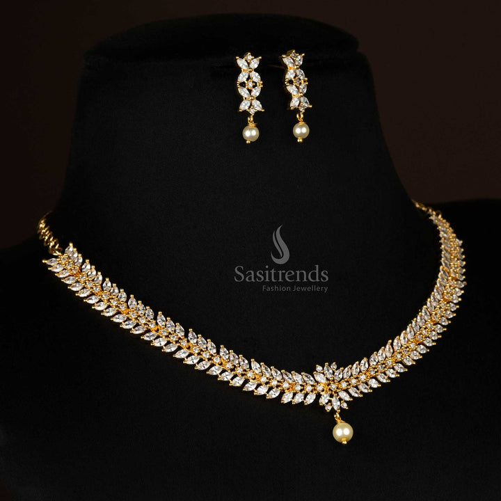 Trendy Traditional Micro Gold Plated Floral Leaf Necklace Jewellery Set - Party Wear AD Stones Jewellery for Women
